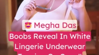 Fashion model Megha Das Ghosh strips white lingerie bra reveals big boobs rubs and lift on bed